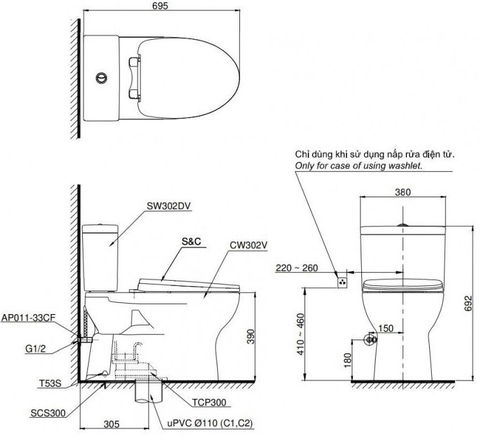 Bồn cầu 2 khối TOTO CS302DE2 nắp rửa TCW07S