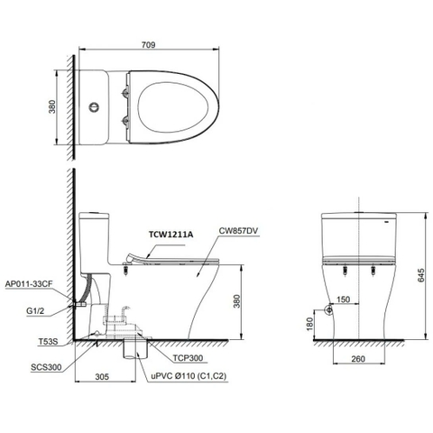 Bồn cầu 1 khối TOTO MS857DE4 Nắp Cơ Ecowasher TCW1211A