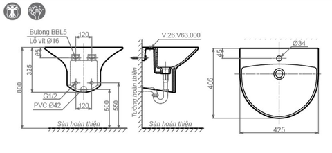 Lavabo chậu rửa mặt Viglacera V63 treo tường liền chân
