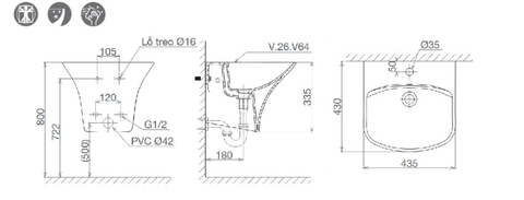 Lavabo chậu rửa mặt Viglacera V64 treo tường liền chân