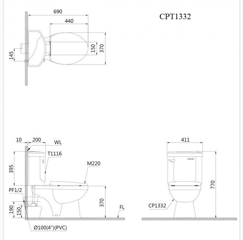 Bồn cầu 2 khối Caesar CPT1332 thoát ngang