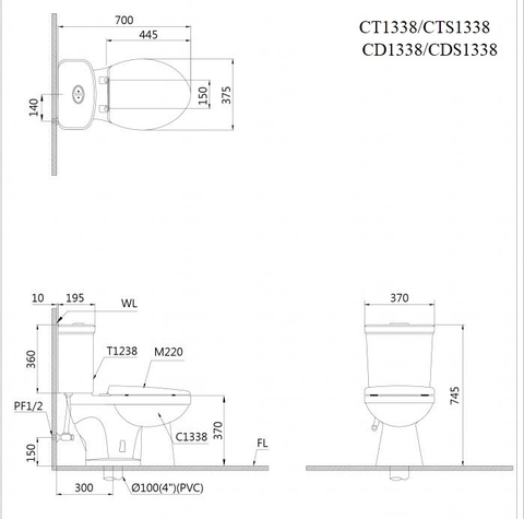 Bồn cầu 2 khối Caesar CT1338 xả 1 nhấn nắp thường