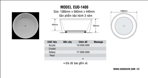 Bồn tắm Oval Euroca EU0-1400 dài 1m4 đặt sàn