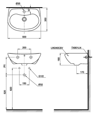 Lavabo chậu rửa mặt TOTO LT240CS#W treo tường