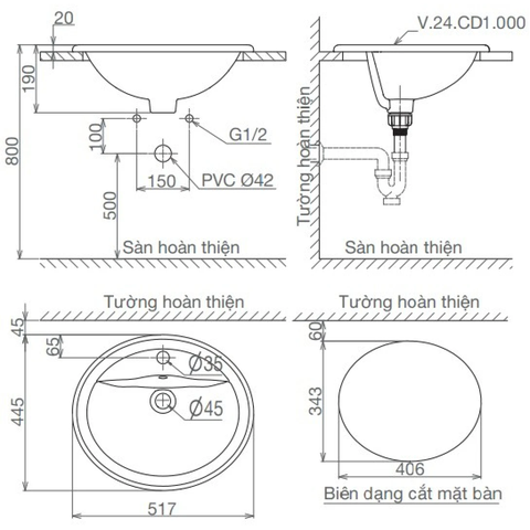 Lavabo chậu rửa mặt Viglacera CD1 bán âm dương vành