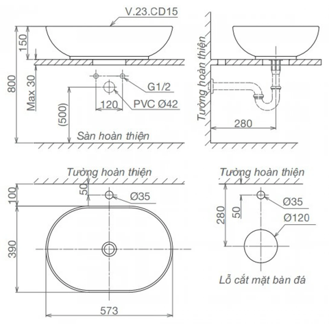 Lavabo chậu rửa mặt Viglacera CD15 đặt bàn