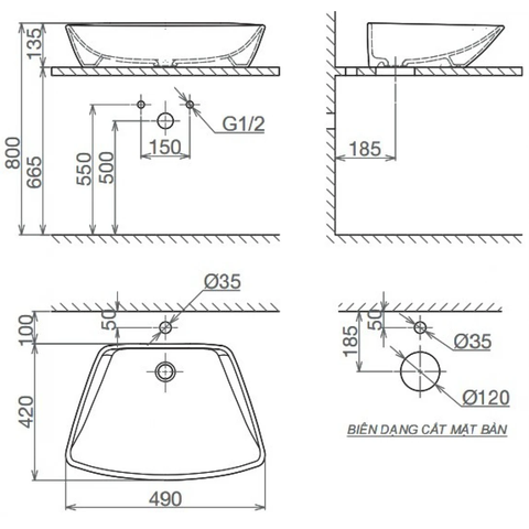 Lavabo chậu rửa mặt Viglacera CD16 đặt bàn