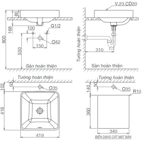 Lavabo chậu rửa mặt Viglacera CD20 đặt bàn
