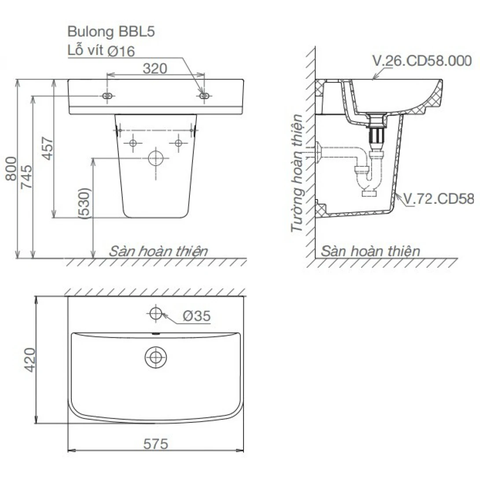 Lavabo chậu rửa mặt Viglacera CD58 treo tường + chân