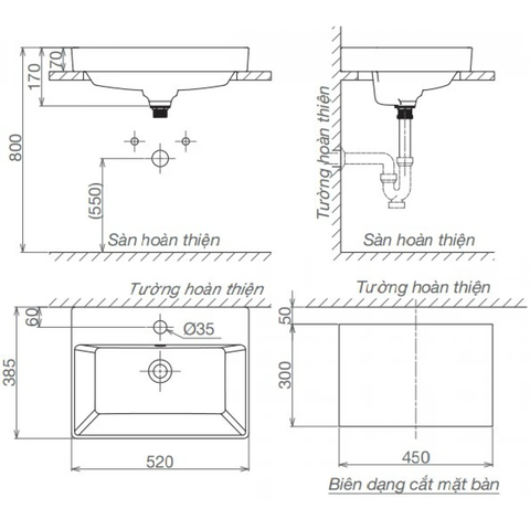 Lavabo chậu rửa mặt Viglacera V29 bán âm dương vành