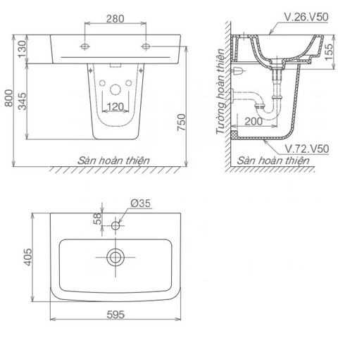 Lavabo chậu rửa mặt Viglacera CD50 (V50) treo tường + chân