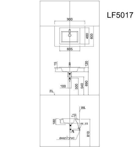 Lavabo chậu rửa mặt Caesar LF5017 bán âm dương vành