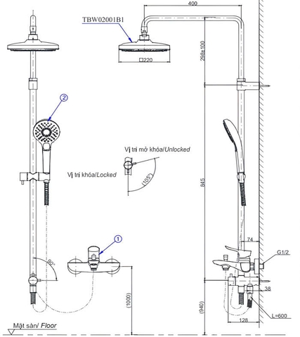 Thân Sen Cây TOTO TBW02001B1 (TBW02001BA) Tắm Đứng