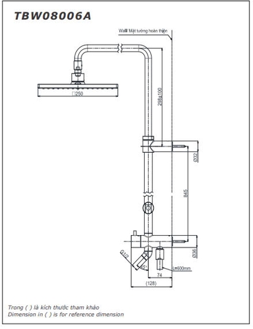 Thân sen tắm TOTO TBW08006A nóng lạnh bát vuông 250mm