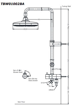 Thân sen tắm TOTO TBW01002BA nóng lạnh