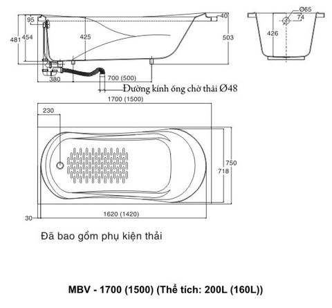 Bồn tắm xây INAX MBV-1700 dài 1m7 (MBV1700)
