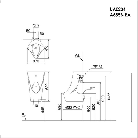 Bồn tiểu nam Caesar UA0234 treo tường xả tiểu cảm ứng