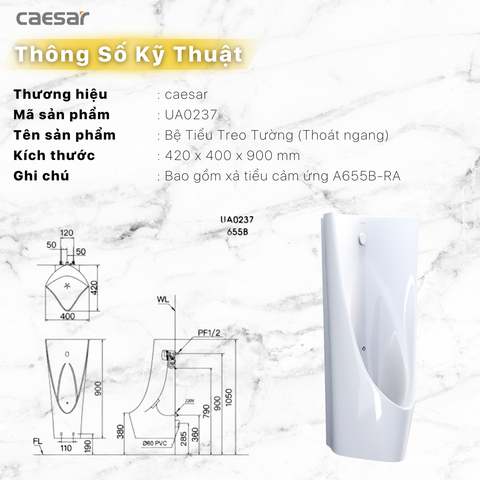 Bồn tiểu nam Caesar UA0237 treo tường + xả tiểu cảm ứng