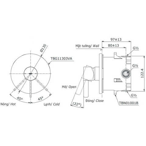 Van Điều Chỉnh Nóng Lạnh TOTO TBG11303V/TBN01001B 1 Đường Nước
