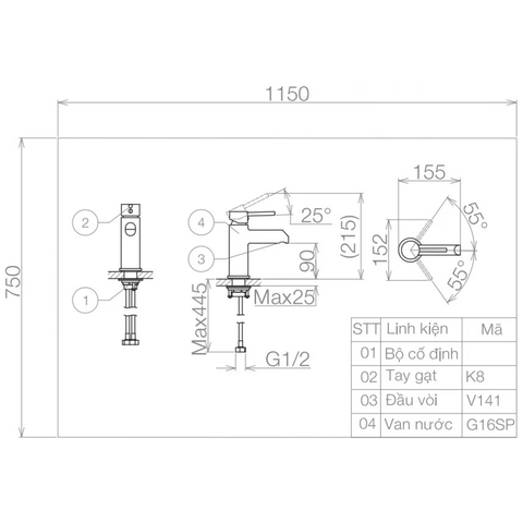 Vòi lavabo chậu rửa mặt Viglacera VG141 nóng lạnh