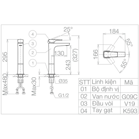 Vòi lavabo chậu rửa mặt Viglacera VG143.1 nóng lạnh cổ cao