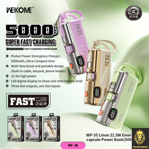 Sạc dự phòng Wekome WP-35 5000mah mini 1 đầu typeC + dây lighting