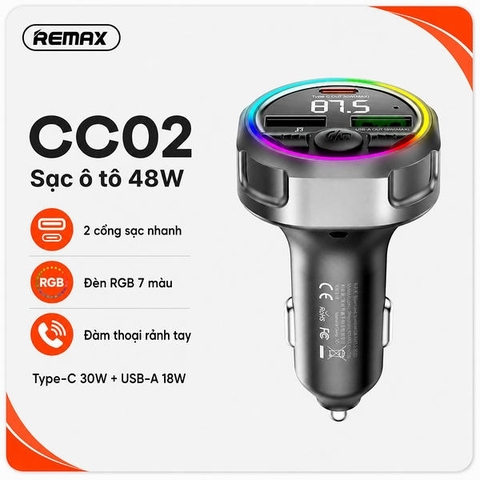 Tẩu sạc xe ô tô Bluetooth 48W Remax CC02.