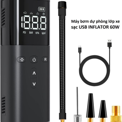 Máy bơm xe dự phòng lớp xe sạc USB INFLATOR 60W