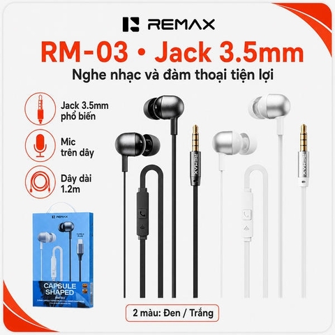Tai nghe dây đầu tròn 3.5 Remax RM-03 Cổng