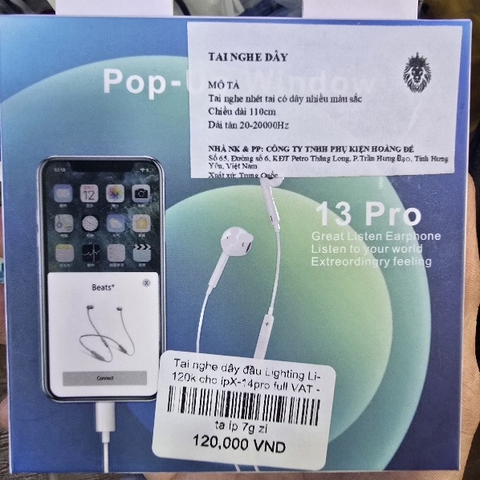 Tai nghe dây đầu Lighting Li-120k cho ip13pro,14pro full VAT - Đầu Lighting