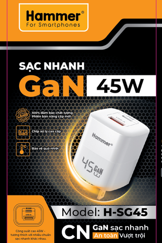 Cốc sạc 2 cổng GAN 45w Hammer H-S-GAN2 1C1A