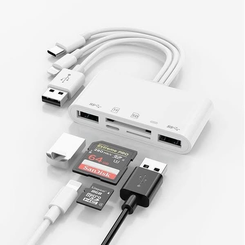 Cáp chuyển đổi T5 OTG 3 đầu ra 5 cổng (USB,TypeC,Ligjting Ra USB,đọc thẻ,cắm Lighting)