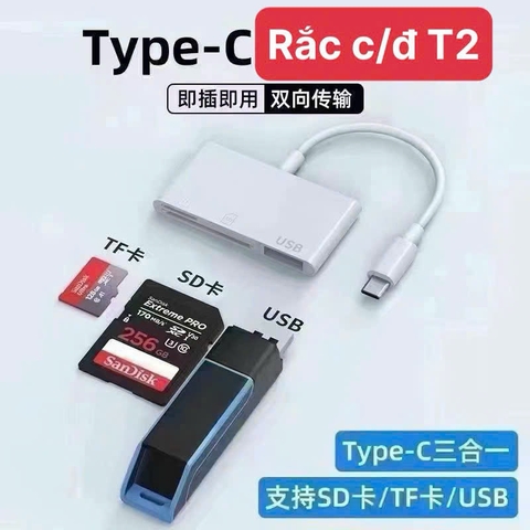 Cáp Chuyển đọc thẻ OTG T2 TypeC ra 3: thẻ nhớ TF, sD, cắm USB