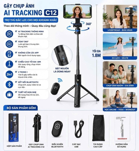Gậy Gimbal Chụp Hình Nhận Diện Chuyển Động Tích Hợp AI C12.