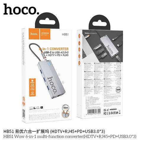 Bộ chuyển đổi 6in1 Hoco HB51 (TypeC to hdmi, RJ45, PD,3xUSB3.0)