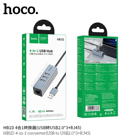 Hub chuyển Hoco HB1D 4in1 Usb ra 3usb 2.0 + RJ45 cắm mạng lan 1m