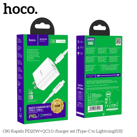 Bộ sạc TypeC-Lighting Hoco C80 Rapido PD20W+QC3.0