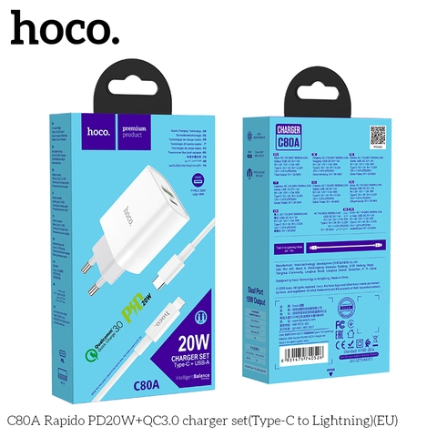 Bộ sạc TypeC-Lighting Hoco C80A Rapido PD20W+QC3.0