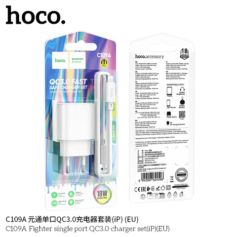 Bộ sạc Usb-Lighting nhanh 18W QC3.0 Hoco C109A