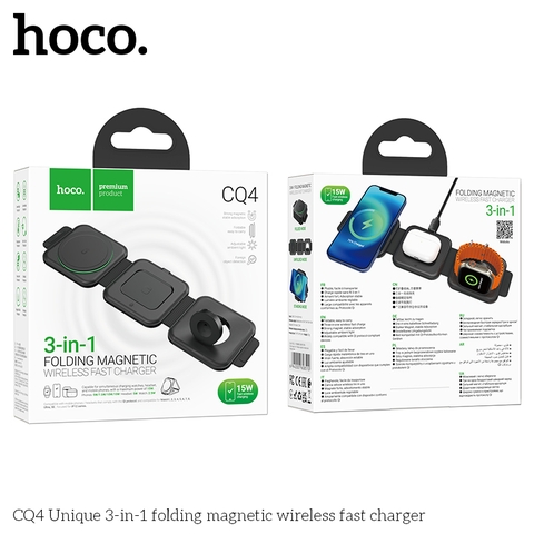 Đế sạc không dây gáp gọn 3in1 Hoco CQ4 sạc đồng hồ, điện thoại, Tai nghe - Đen