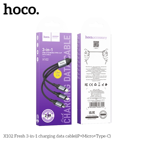 Cáp sạc 3 đầu Hoco X102 Usb ra TypeC,Lighting,Micro
