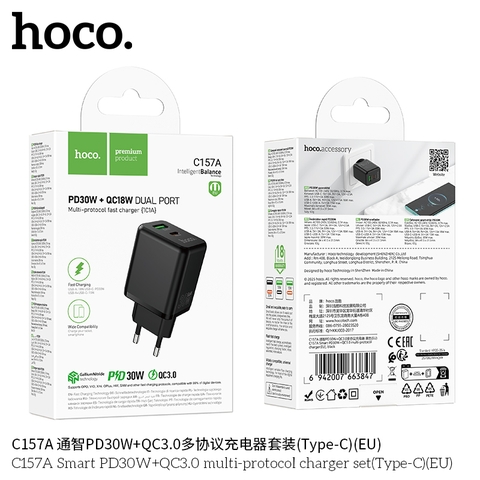 Cốc sạc 2 cổng 1C1U Hoco C157A đa giao thức Smart PD30W+QC3.0