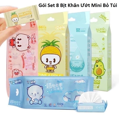 Gói Set 8 Bịt Khăn Ướt Mini Bỏ Túi và 1 Gói Khăn Giấy Ướt Baby Wipes 80g