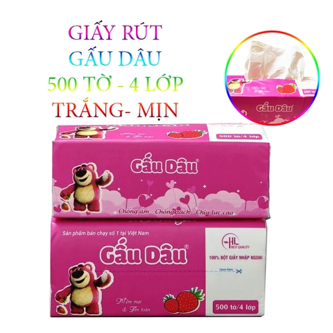 Khăn Giấy Khô Gấu Dâu (Gói 500 Tờ X 4 Lớp)