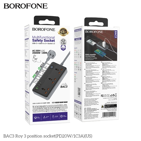 Ổ cắm Borofone BAC3 3 vị trí 1C3A 250V/20W 1.5m
