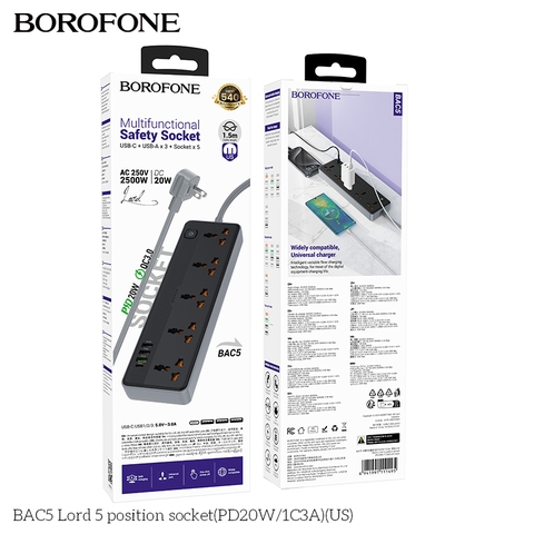 Ổ cắm 5 vị trí Borofone BAC5 (PD20W/1C3A)