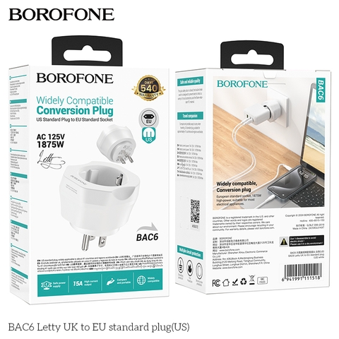 Ổ cắm Borofone BAC6 Cốc đa năng đổi US to EU