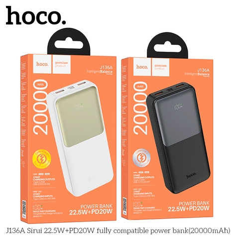 Sạc dự phòng Hoco J136A 20.000mah sạc nhanh 22,5w+ps20w màu inbox
