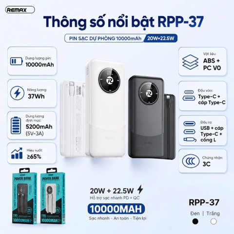 Sạc dự phòng Sạc Nhanh 22.5W Remax RPP-37 10.000mah