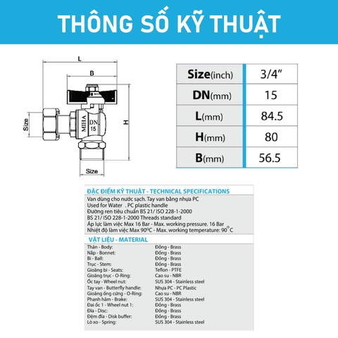 [Minh Hòa] Van góc đồng có van một chiều mạ sau đồng hồ tay bướm ABS MIHA - PN16
